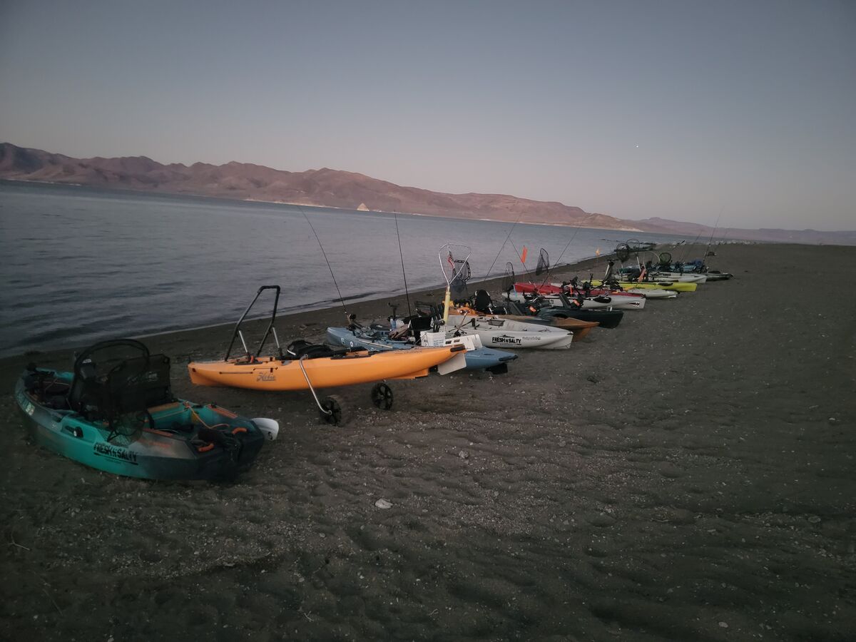 Kayaks on the shore Friday night, prepped for Open...